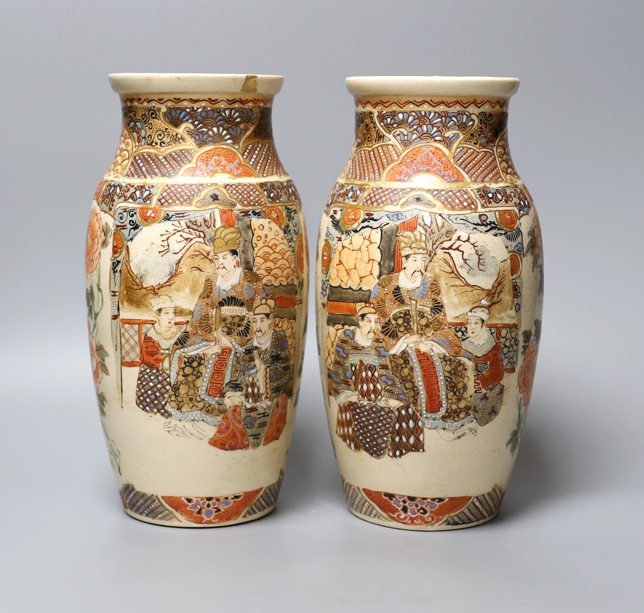A pair of Satsuma pottery vases, c.1900, 25cm tall
